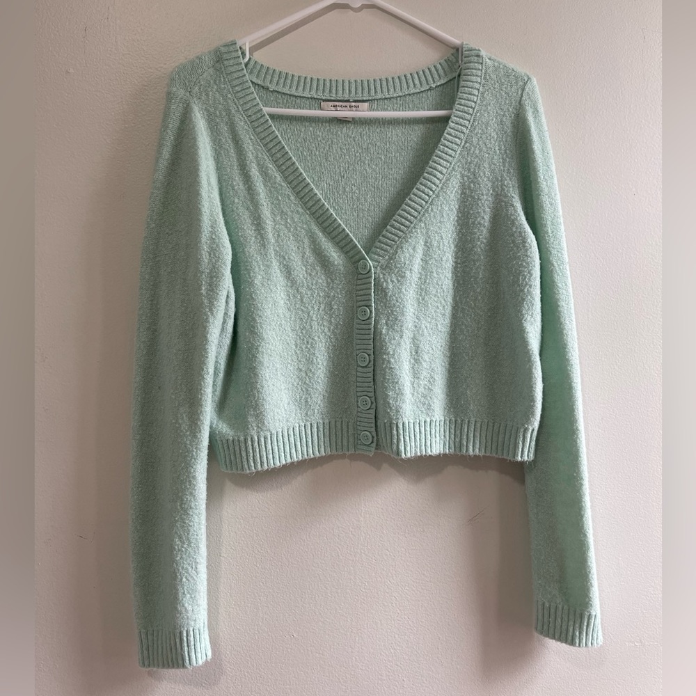 American Eagle Mint Green V-Neck Buttondown Cropped Cardigan Sweater